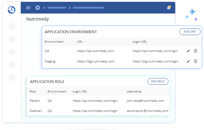Step-02 QA as a Service Step 2 : QASolve platform capturing details like URL, user credentials, and roles of the system under test for seamless configuration and test setup.